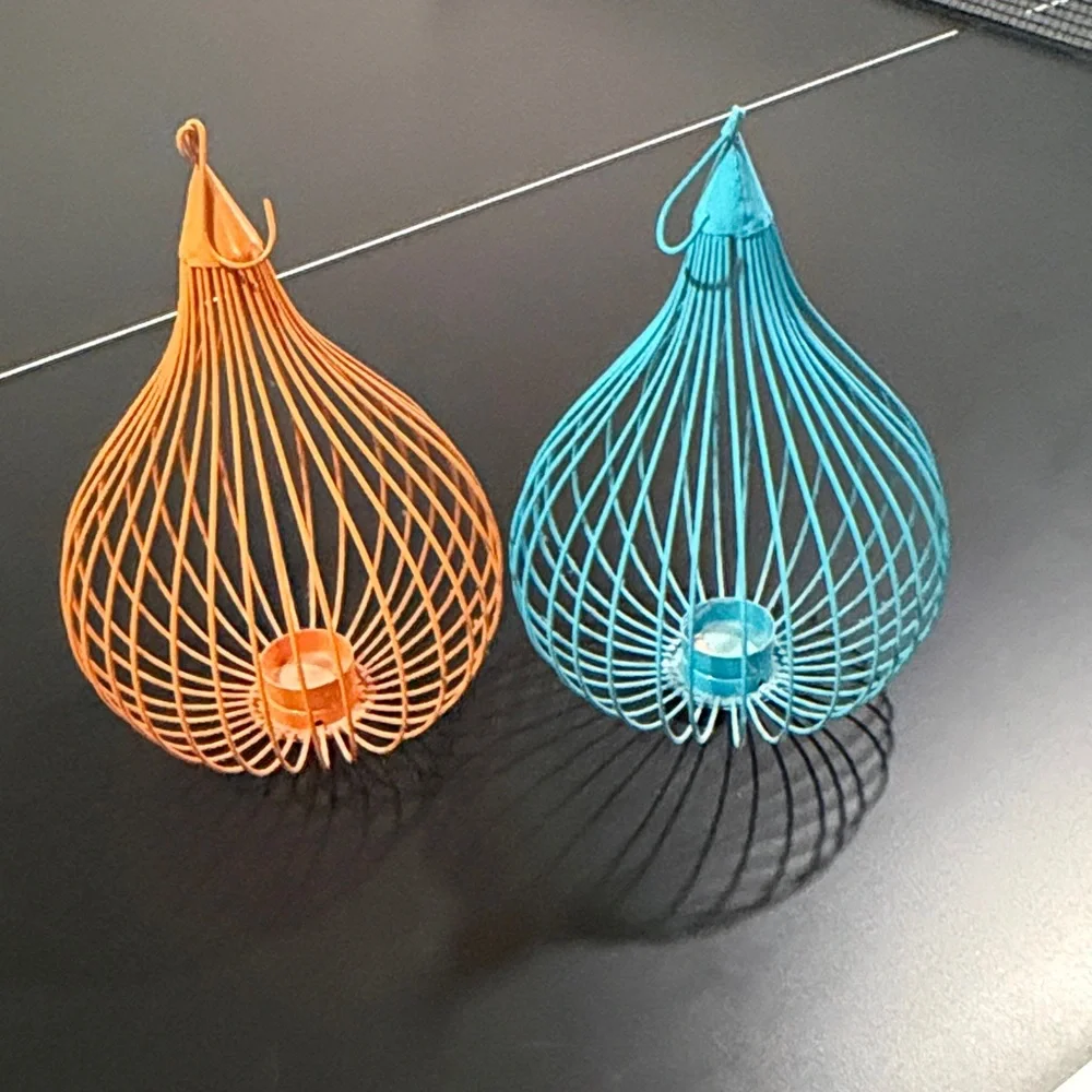 Decorative Teardrop Wire Candle Holders - Orange and Teal